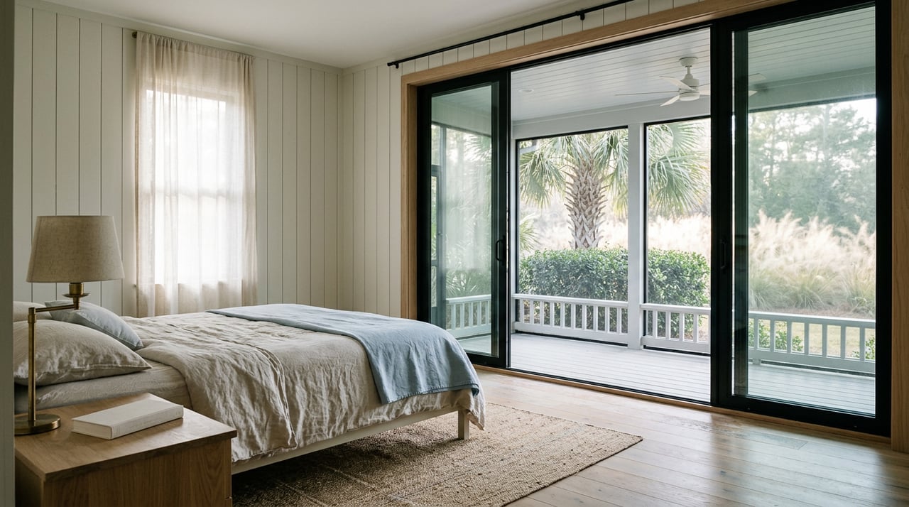 Oatmeal linen bed facing black-framed glass sliders onto a screened porch with a palmetto and coastal grasses.