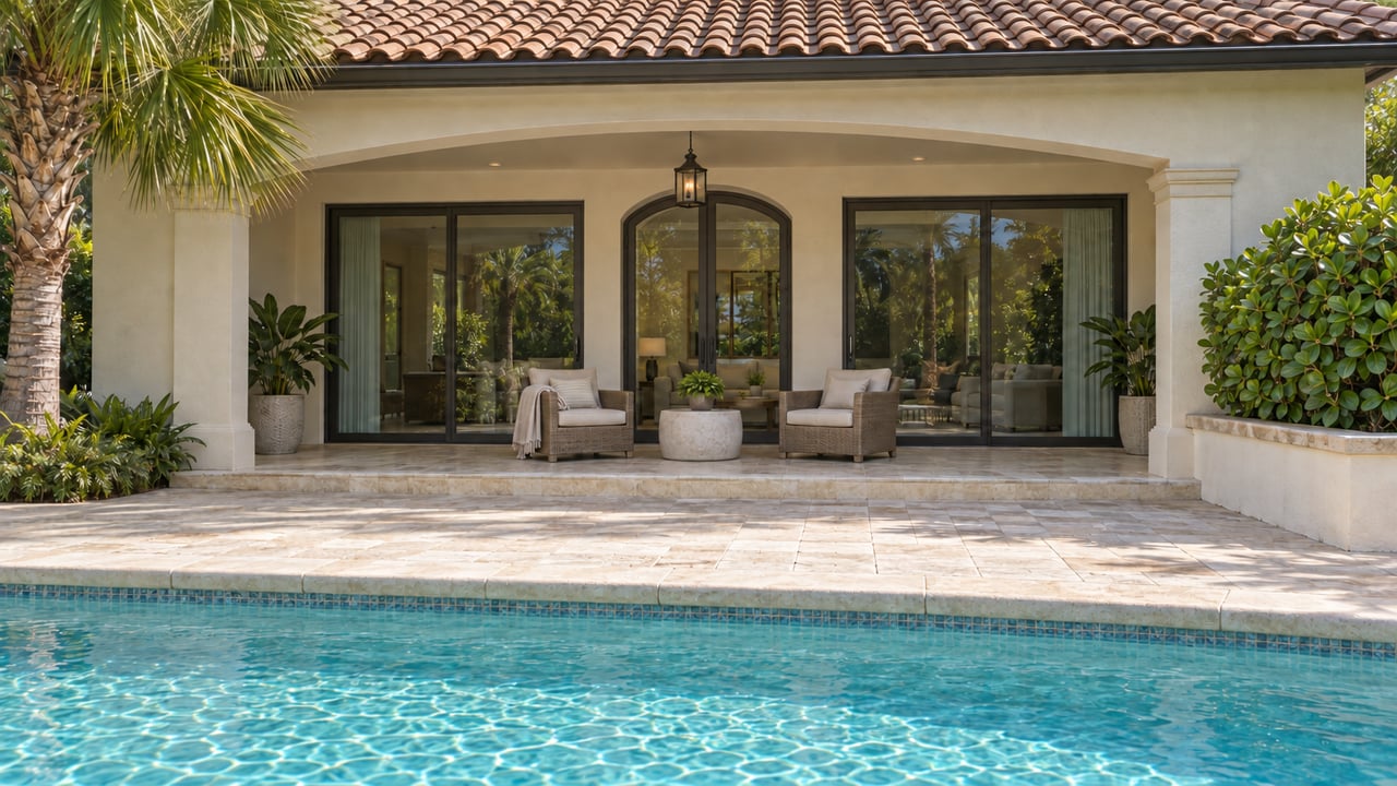 Terrace with a dark-bronze framed glass door fitted into the central arch, revealing furnishings inside.