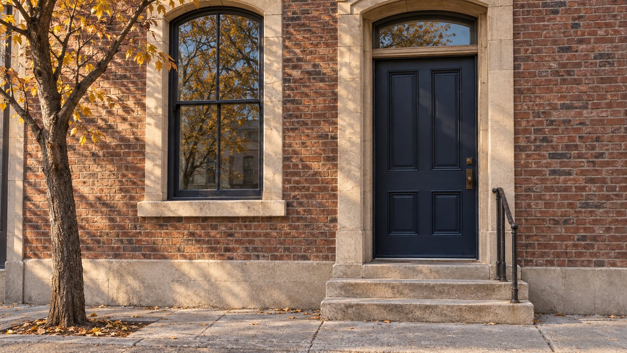 Brick residence with a navy entrance door, limestone stoop, and autumn tree beside the sidewalk.