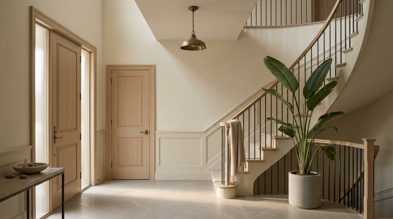 Double-height foyer with a curved iron-and-oak staircase, limestone floor, and reeded-glass sidelight.