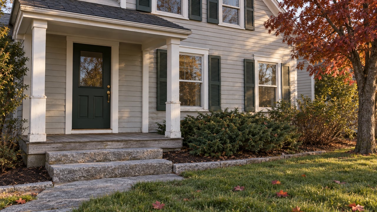 Autumn light grazes gray clapboard, green shutters and a weathered porch above granite steps, with red maple leaves on the front lawn.