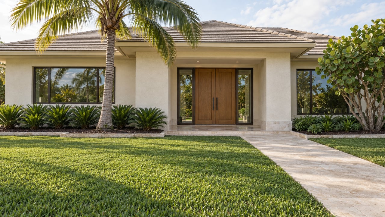 Pale stucco home with a tiled hip roof, recessed wood entry, broad front lawn and a curved coconut palm in soft afternoon light.
