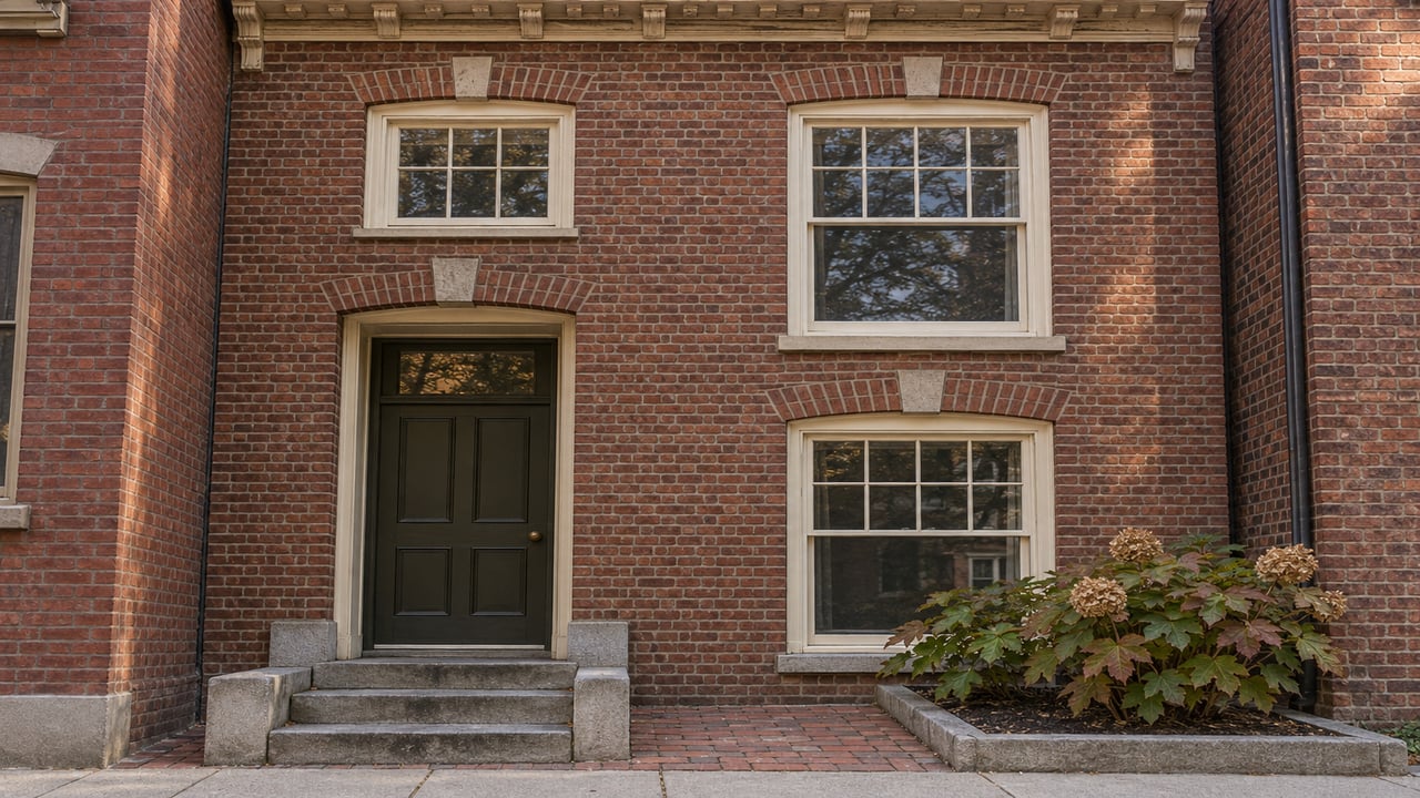 A brick rowhouse entrance with limestone steps, cream sash windows and an oakleaf hydrangea beside the paved approach.