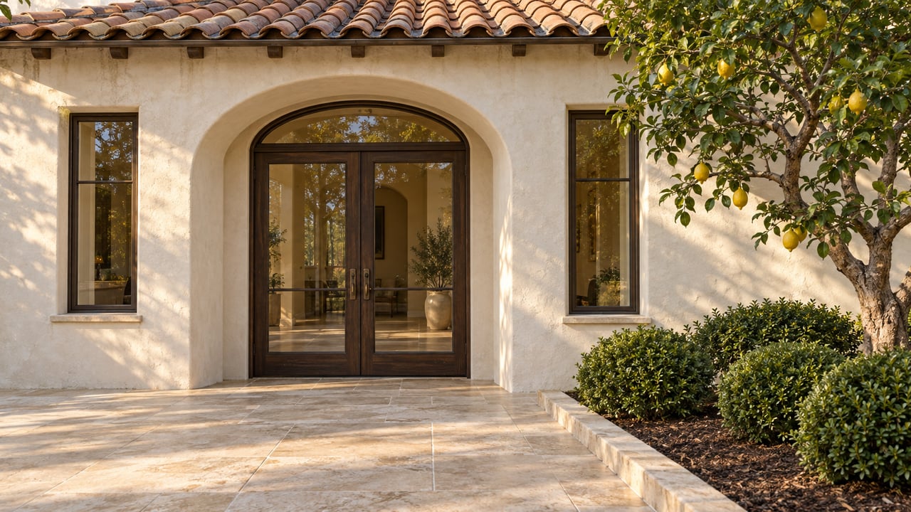Warm afternoon light grazes an ivory stucco entry with terracotta roof tiles, glazed oak double doors, limestone paving, and a mature lemon tree.
