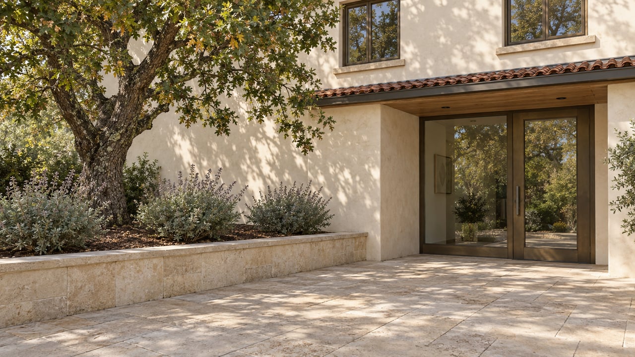 Sunlit limestone entry terrace beside an ivory stucco home, with bronze-framed glass doors and a mature valley oak in a raised stone planter.