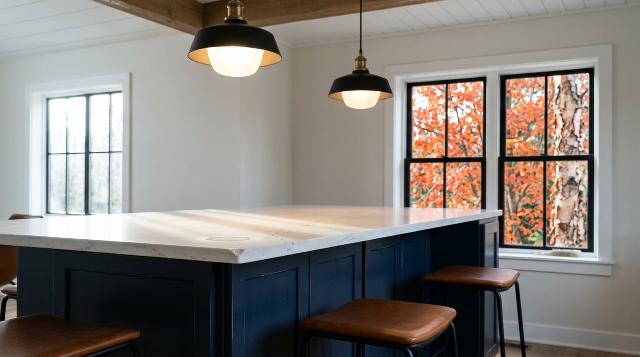 Navy shaker-style kitchen island with a veined quartz counter, two leather stools, and red foliage beyond the window.