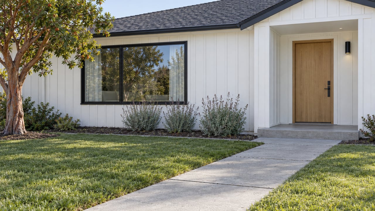 White board-and-batten home with a black-framed window, oak entry door, concrete approach and green front lawn beneath a mature strawberry tree.