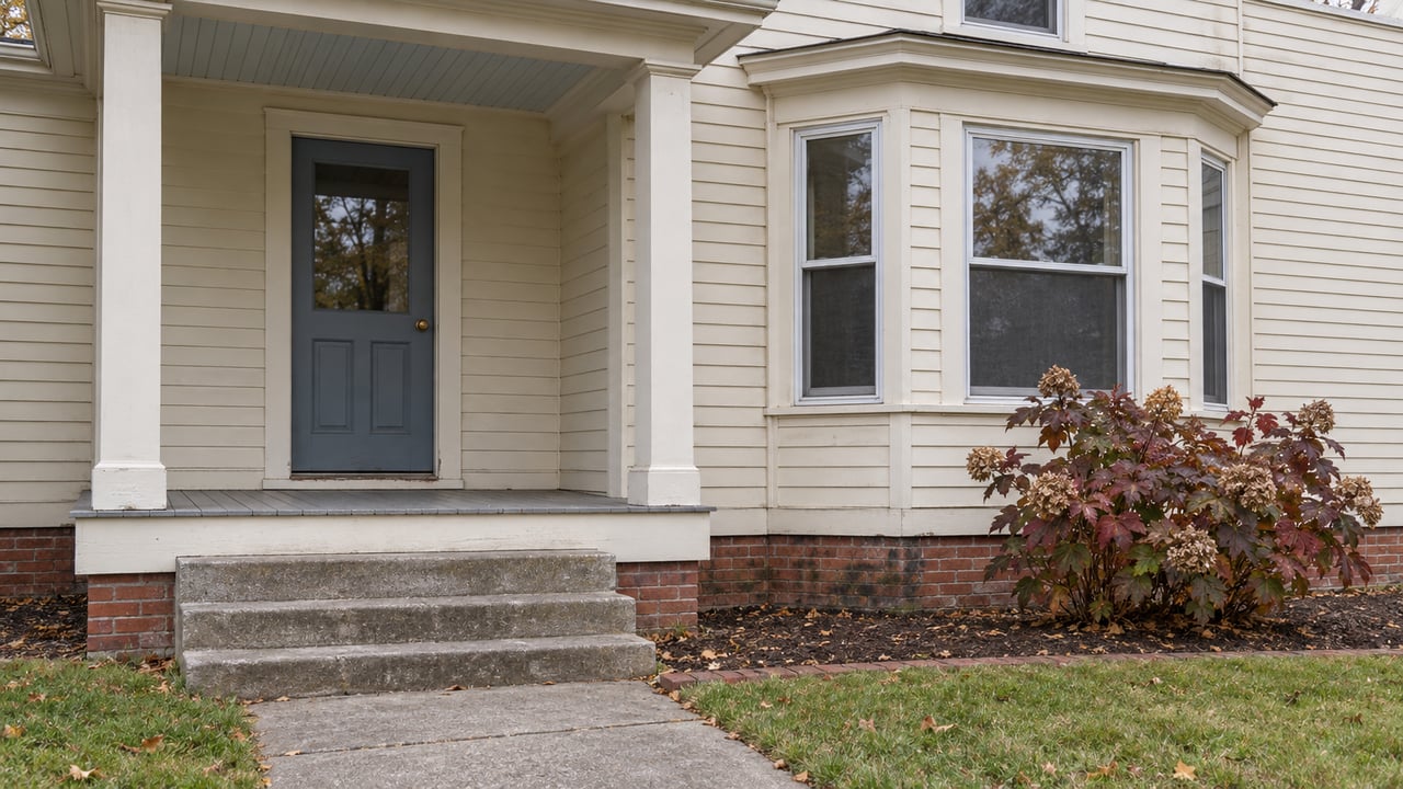 Ivory clapboard house with a slate-blue front door, covered porch, projecting window bay and autumn oakleaf hydrangea.
