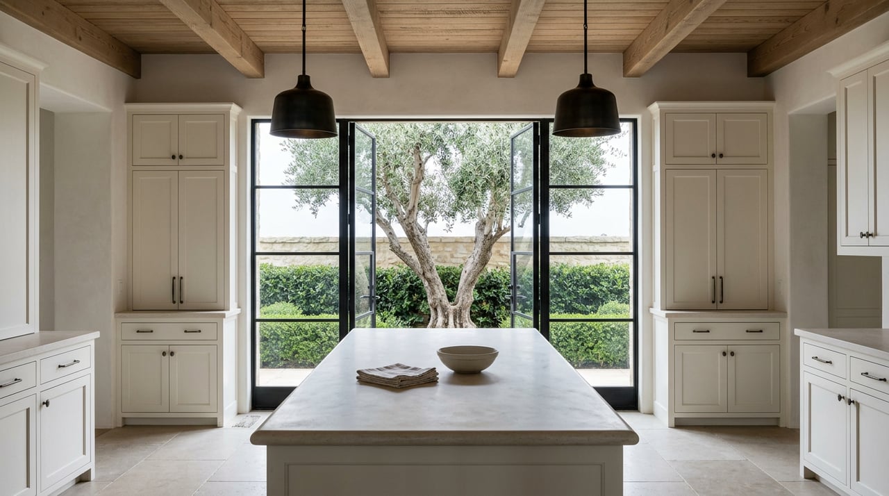 Spacious kitchen with a pale stone island beneath wood ceiling beams, opening through black-framed glass doors to an olive tree.