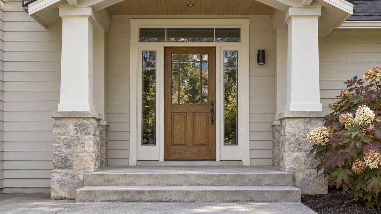 Sheltered ivory-clad home entrance with paired glass sidelites, limestone porch bases and autumn oakleaf hydrangea beside concrete steps.