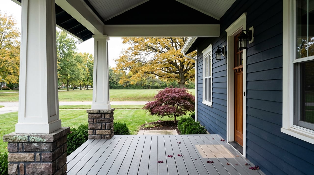 Navy Craftsman porch with white columns and stone bases, looking across a lawn toward burgundy and golden autumn trees.