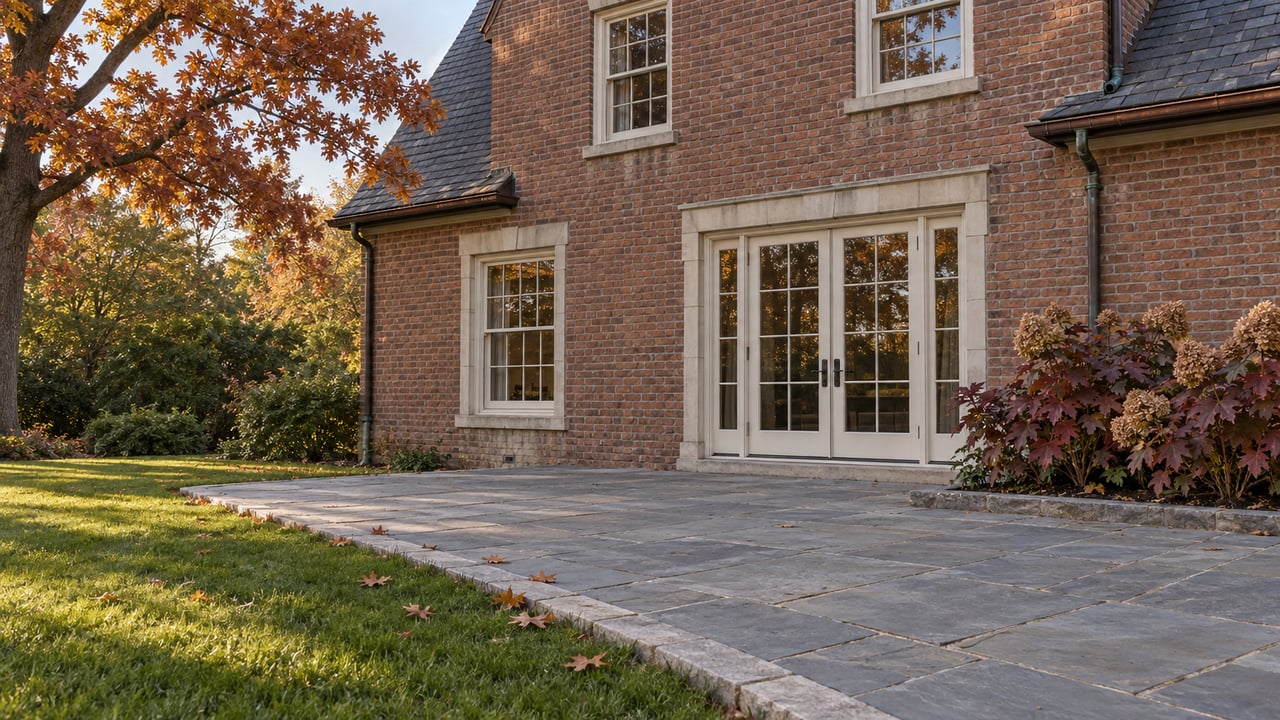 Autumn sunlight on a brick home's garden terrace, with ivory French doors, blue-gray stone paving and burgundy oakleaf hydrangeas.