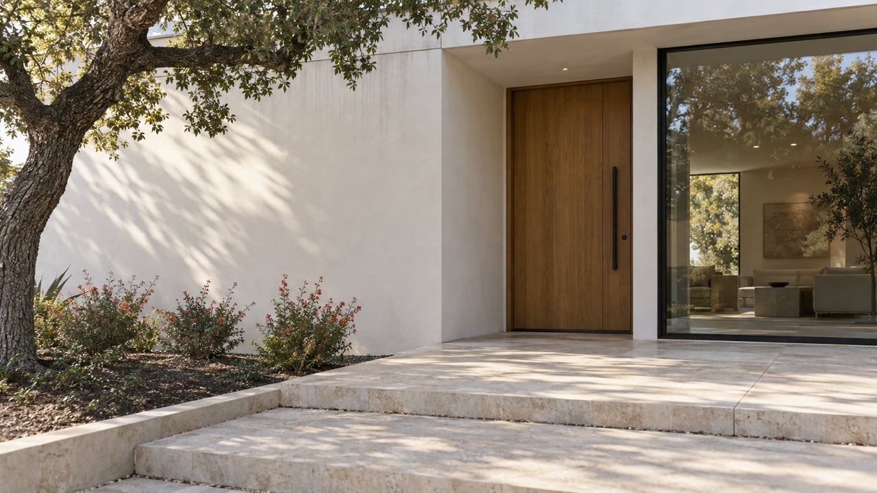 Recessed oak entry beside a dark-framed window, with limestone steps and red-flowered salvias.