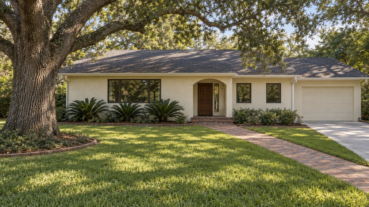 An older cream-stucco home beyond a deep green lawn, with a spreading oak, brick approach, and recessed arched entrance.