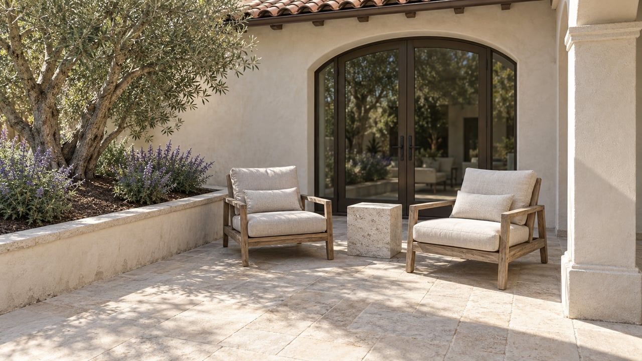 Pale stucco home with arched glass doors, weathered teak terrace seating, limestone paving, and an olive tree in a raised planting bed.