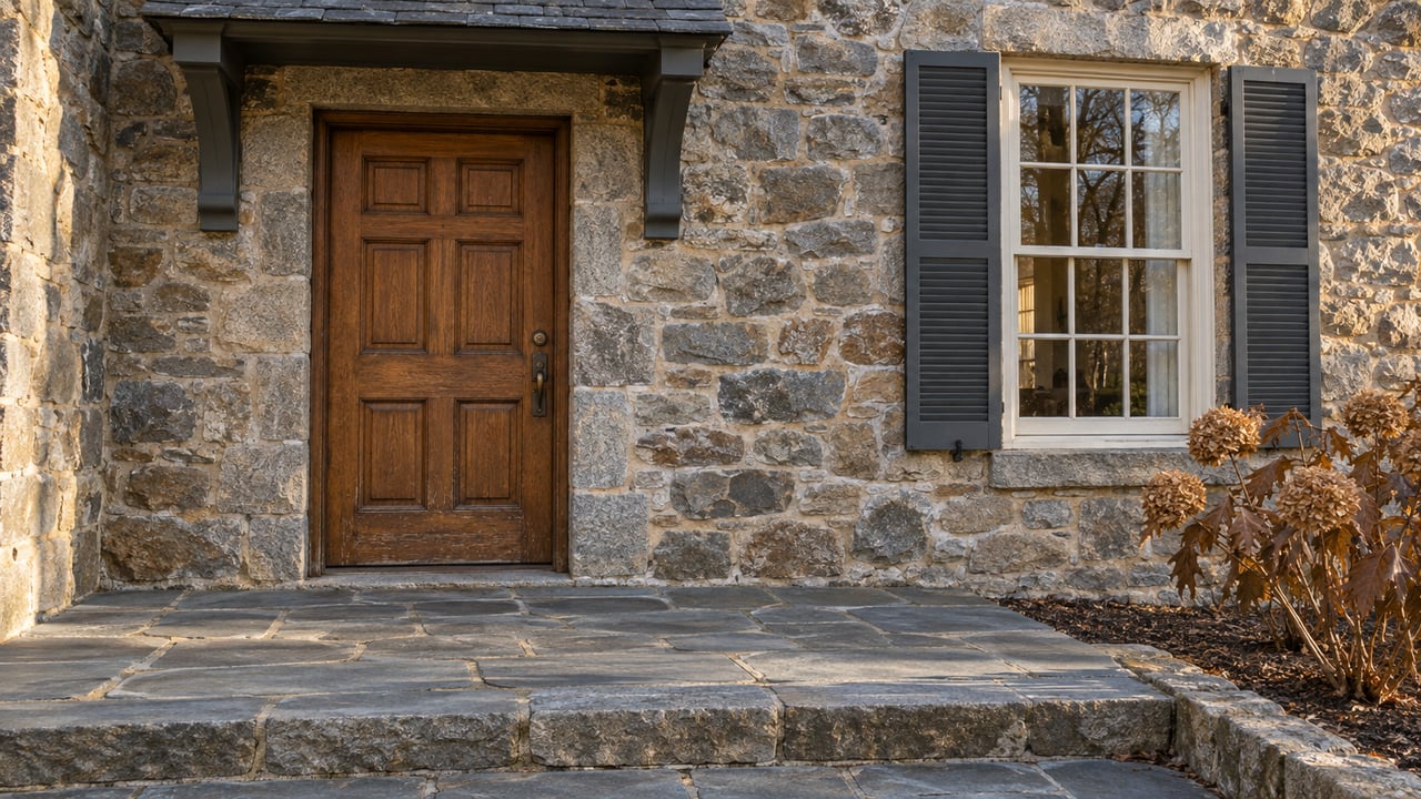 Winter sunlight grazes a fieldstone home's oak entrance door, shuttered sash window and worn flagstone landing beside a dried oakleaf hydrangea.