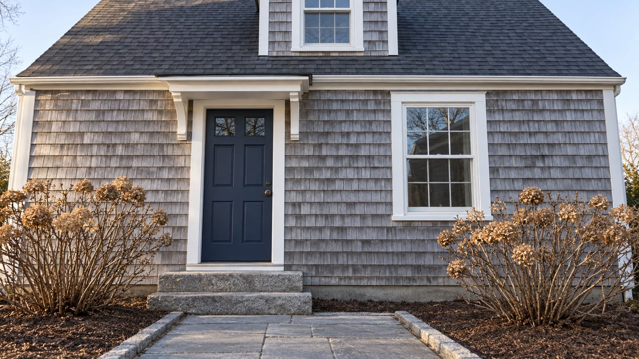 Weathered cedar-shingled cottage with a navy door, white sash windows, granite entrance steps, and dormant hydrangeas in low winter sunlight.