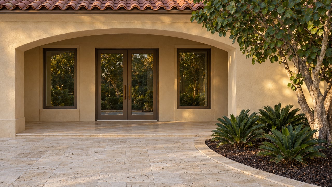 Warm stucco entrance with a clay tile roof, bronze-framed glass doors, limestone paving and a mature specimen tree.