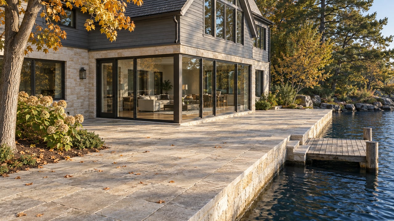Gabled lakeside house with a glazed corner, limestone terrace, amber maple leaves, and a short timber dock.