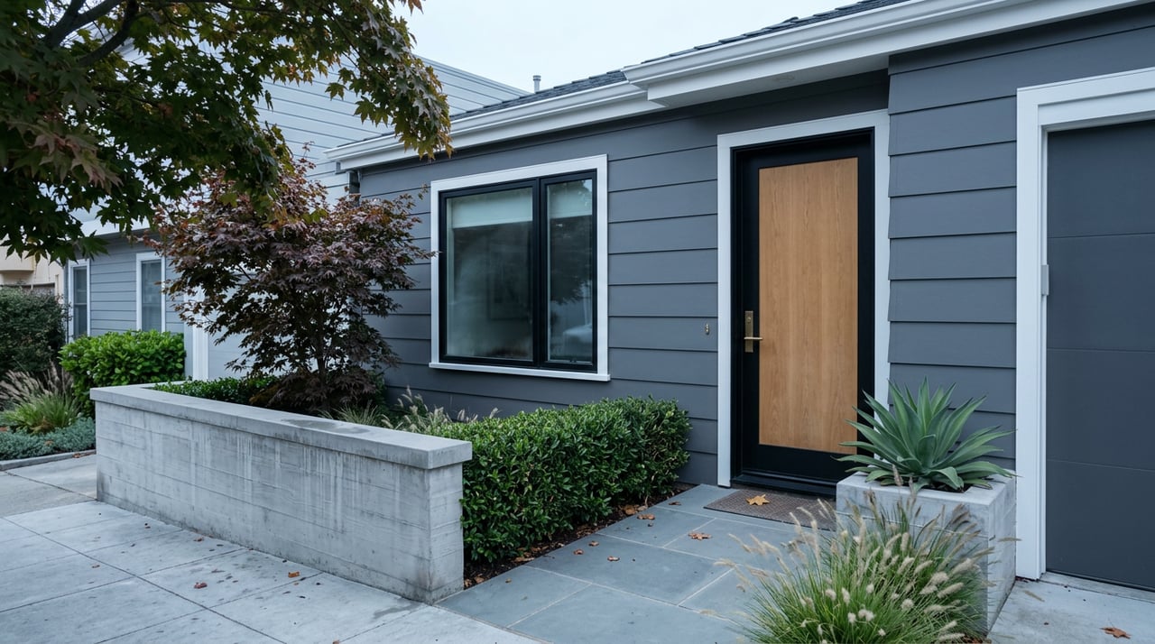 Charcoal-gray rowhouse with a black-framed window, oak-paneled entry, and maple beside a raised garden bed.