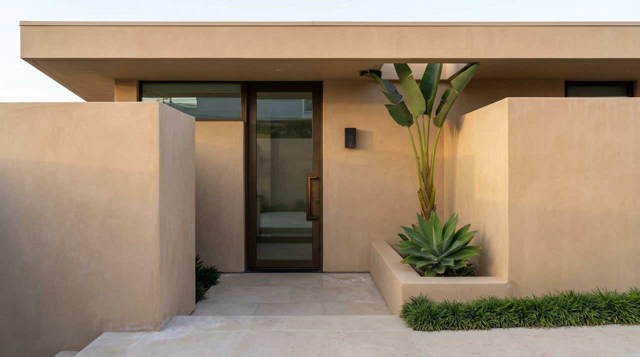 Recessed coastal home entry with an ajar glass-and-bronze door, limestone path, and agave in a plaster planter.