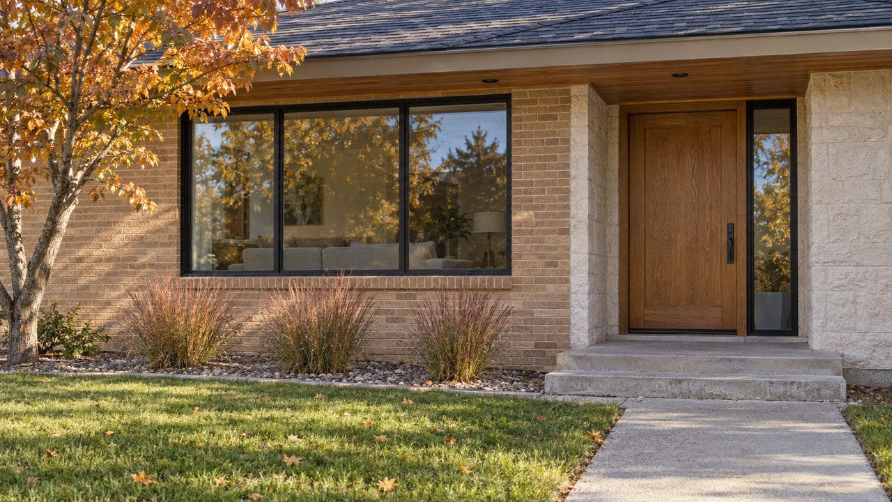 Autumn light on a buff-brick home with an oak front door, black-framed window, concrete steps and amber maple foliage.