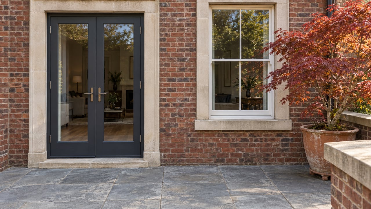 Russet brick townhouse terrace with limestone-trimmed glazed doors, bluestone paving, and a copper-leaved Japanese maple in a terracotta container.