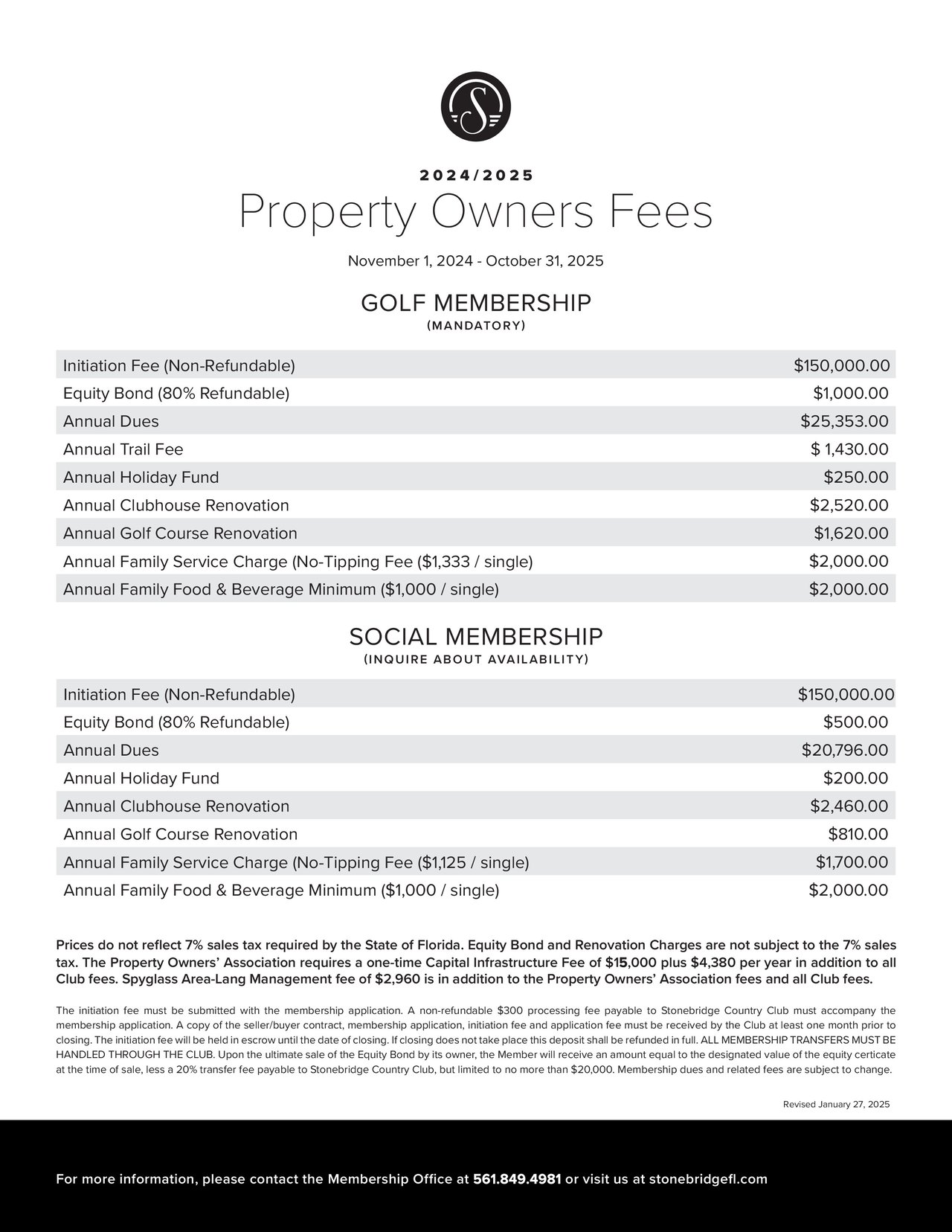 Stonebridge Membership Fee Schedule through Nov 2025