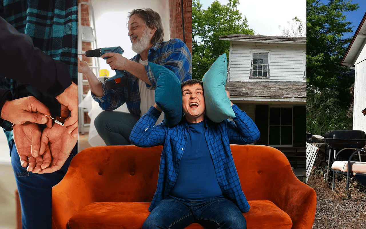 Man covers his ears with pillows as a neighbor uses a drill; a neglected house and cluttered yard appear nearby.