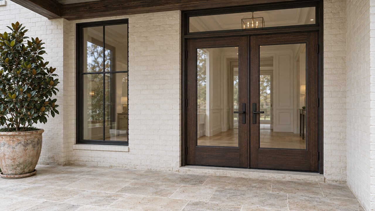 Covered entry with dark oak glazed double doors, painted brick, pale limestone paving and a potted magnolia.