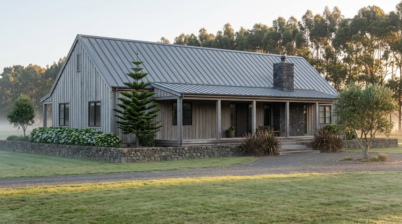 Silver-gray cedar home with a metal gable roof and stone wall, set beyond a misty pasture beneath a wooded ridge.