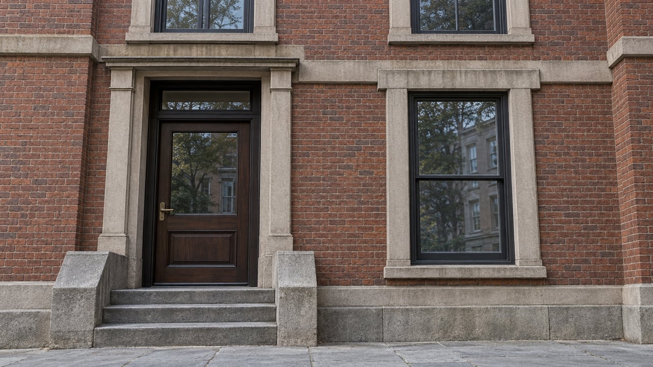 A dark oak residential entrance and tall sash windows set into weathered red brick and pale stone above broad gray steps.