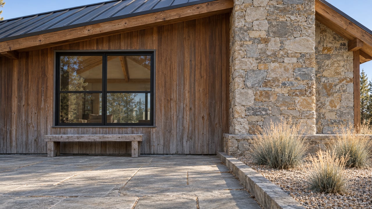 Sun-aged timber siding, a natural stone chimney and black-framed window above a sandstone terrace with an oak bench and three native bunchgrass clumps.