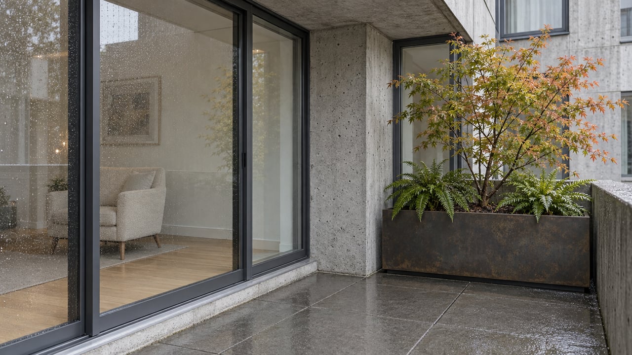 Rain-damp condominium terrace with charcoal-framed glazing, weathered concrete, and a bronze planter holding an amber-turning vine maple and two sword ferns.