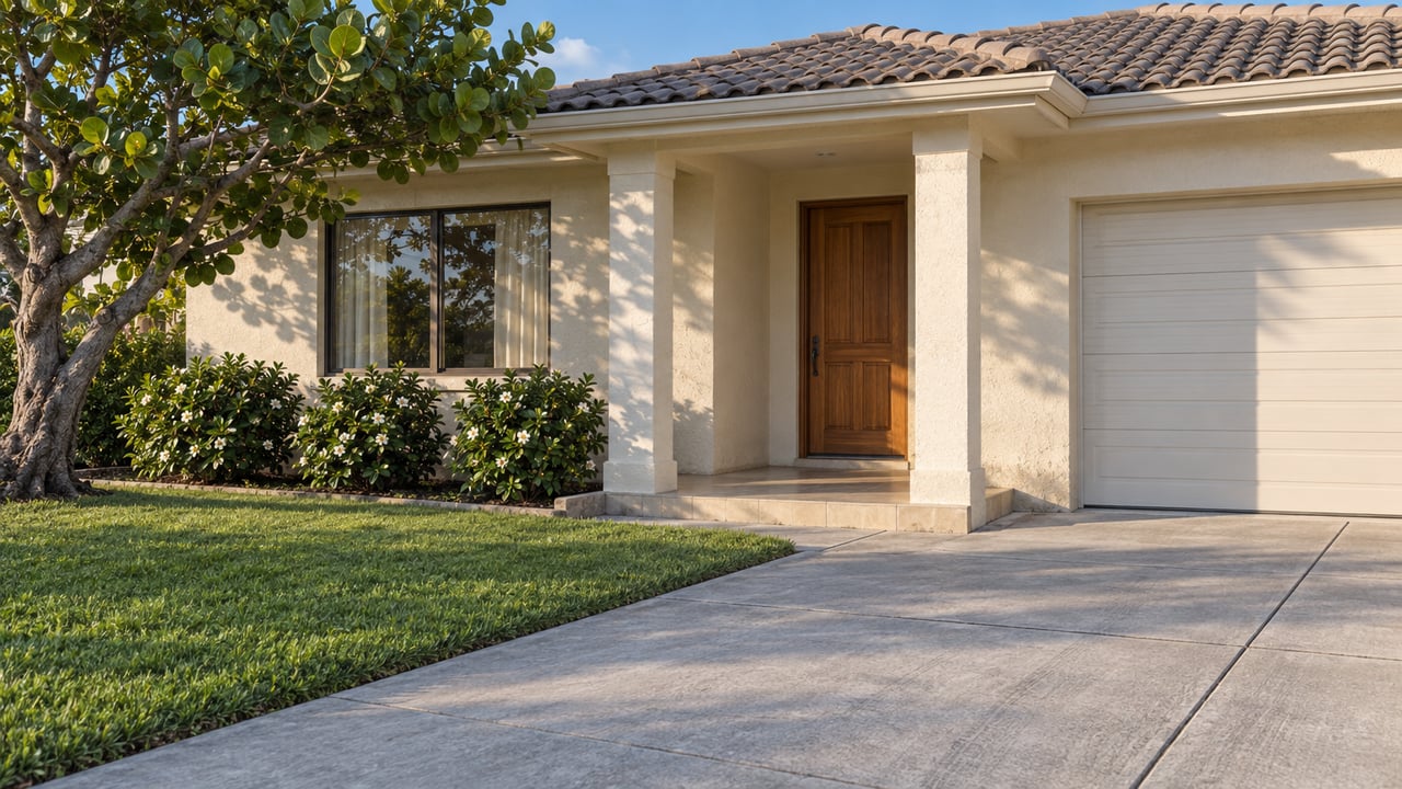 An established ivory stucco home with a tiled roof, covered entrance and concrete driveway beside a sea grape tree and lawn.