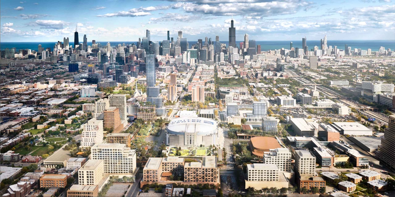 Rendering of the 1901 Project at United Center showing new residential towers, hotel, music hall, and green public spaces planned for Chicago’s West Side.