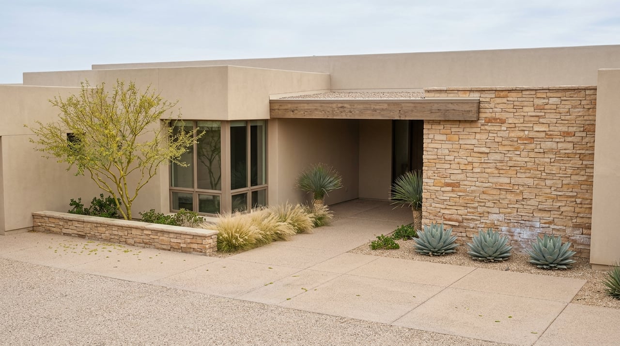 Desert estate entry with a stone accent wall, timber overhang, palo verde, and blue agaves.
