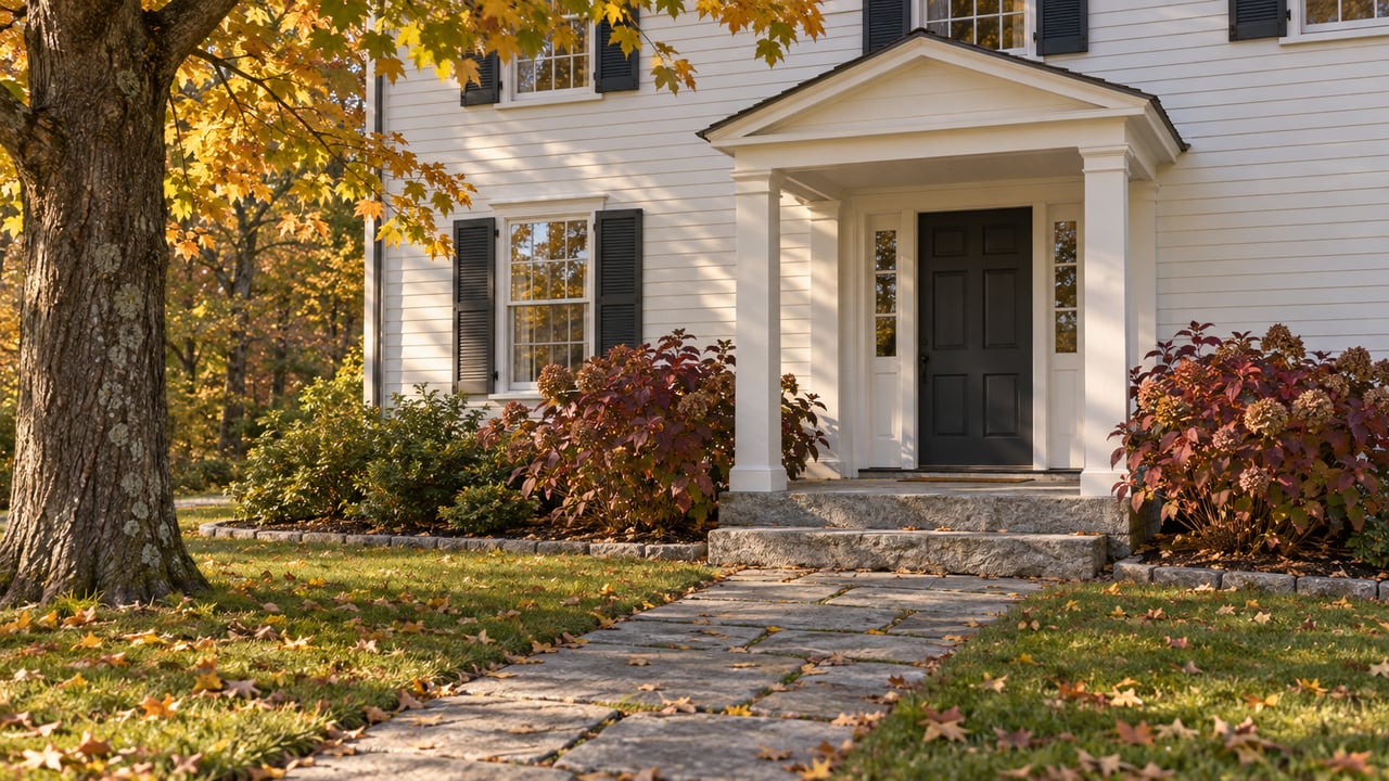 White clapboard home entry with a dark door, granite path, and yellow-orange autumn leaves.