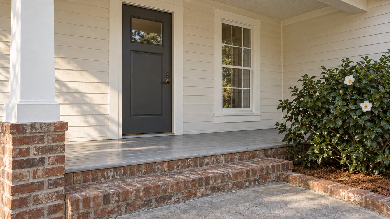 Ivory-sided home with a charcoal front door, divided-light window, painted porch floor and brick steps beside a white-flowering camellia.