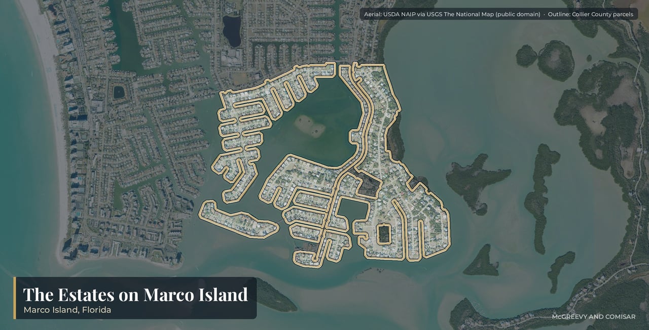 Aerial view of The Estates on Marco Island, Florida, the large-lot south end neighborhood