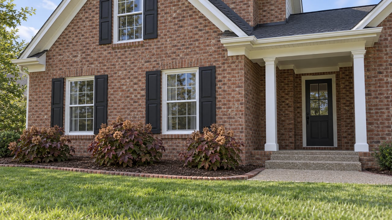 Brick home with white-trimmed windows, black shutters, a sheltered entry and autumn oakleaf hydrangeas beside a broad lawn.