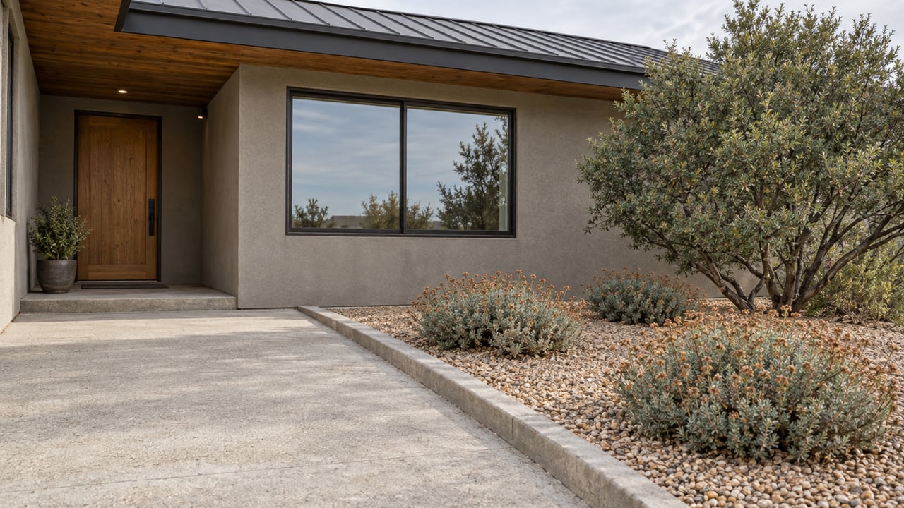 Low single-story home with warm gray stucco, a recessed oak entry and bronze-framed window beside a gravel planting bed.