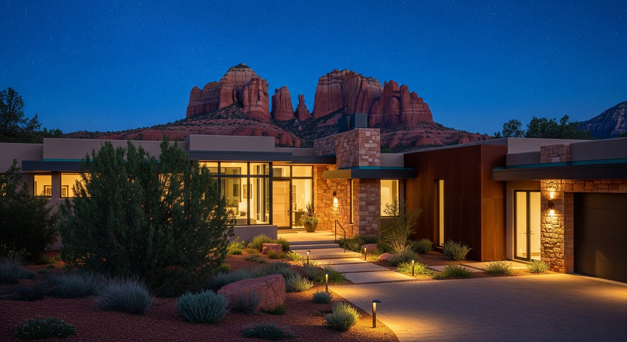 Modern desert home glowing at dusk, with red rock formations rising behind it.
