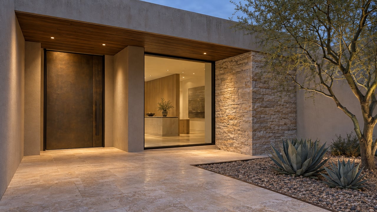 Blue-hour view of a low-slung stucco and stone home with a wood soffit, bronze entry door, limestone approach, and sculptural desert planting.