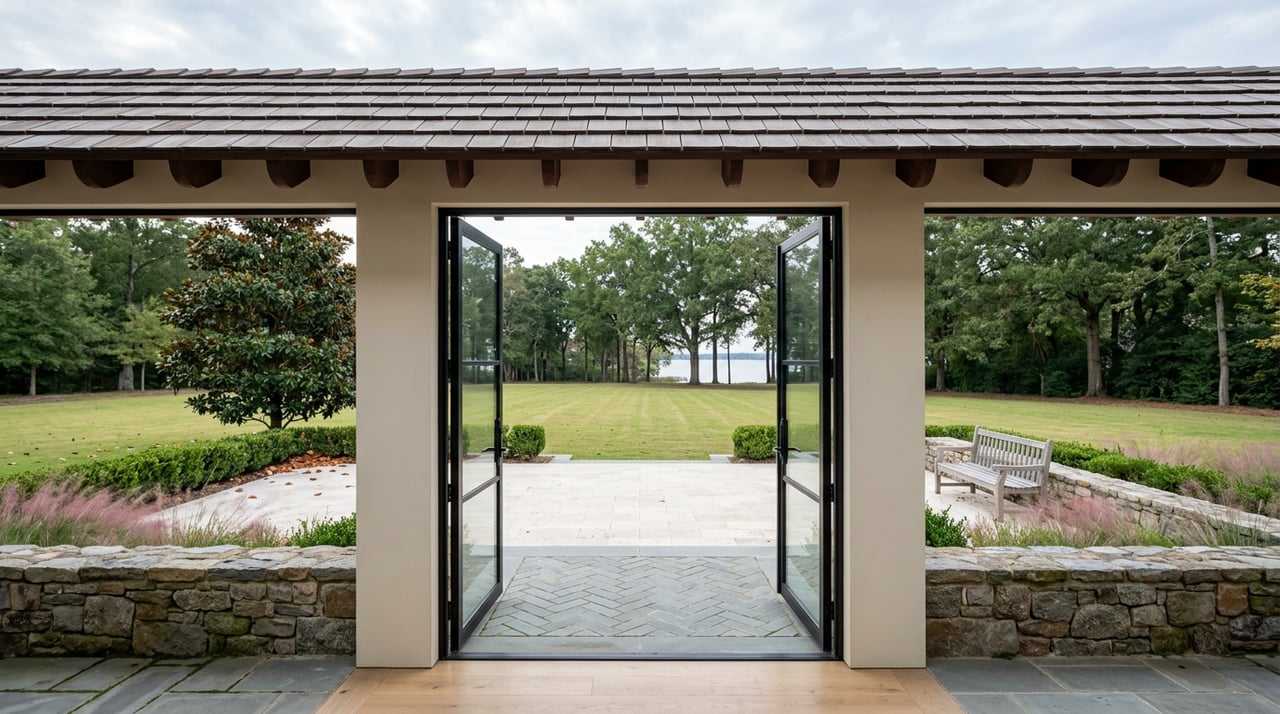 Open glass-and-steel doors frame a stone terrace, broad lawn, mature magnolia, and a glimpse of lake.
