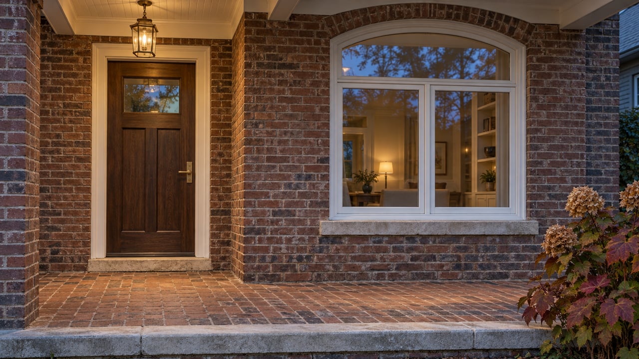 Brick home's covered porch at dusk, with a dark oak door, white arched window and warm brass lantern.