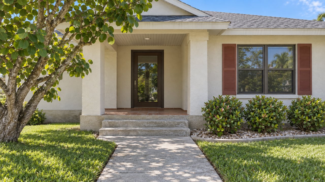 House entrance with a covered porch, dark glass door, red-brown shutters, and a tree-shaded walkway.