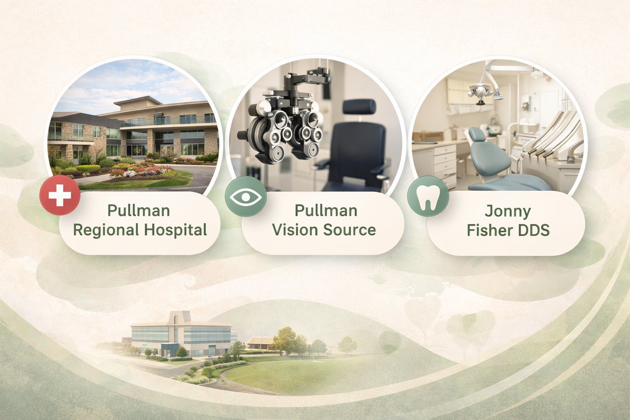 Graphic featuring Best Healthcare Pullman Regional Hospital, Best Eye Care Pullman Vision Source, and Best Dental Care Jonny Fisher DDS in Pullman WA
