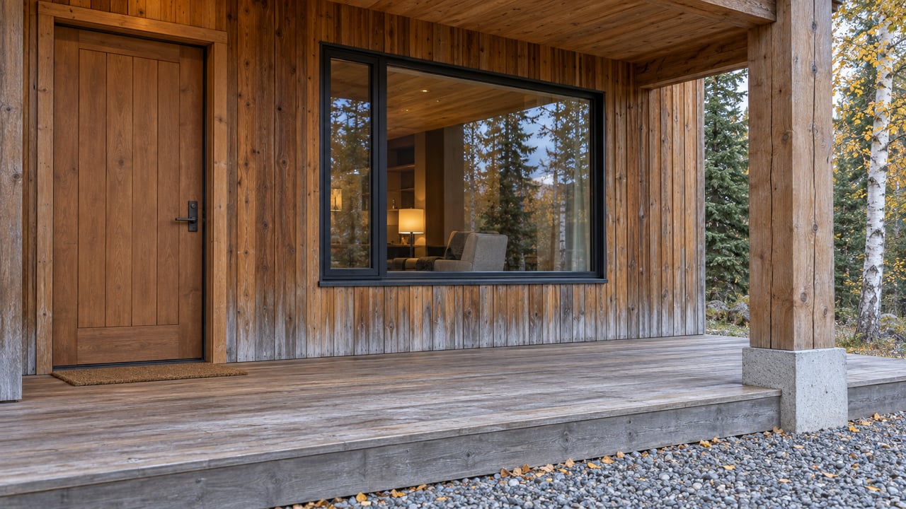 Timber home's sheltered cedar entry and closed window, with a weathered porch, gravel edge, and birch and spruce beyond.