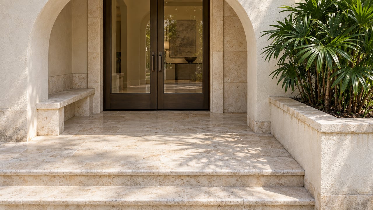 Cream stucco arch surrounds bronze-framed glass doors above a travertine landing, with a limestone bench and a lady palm in a raised planter.